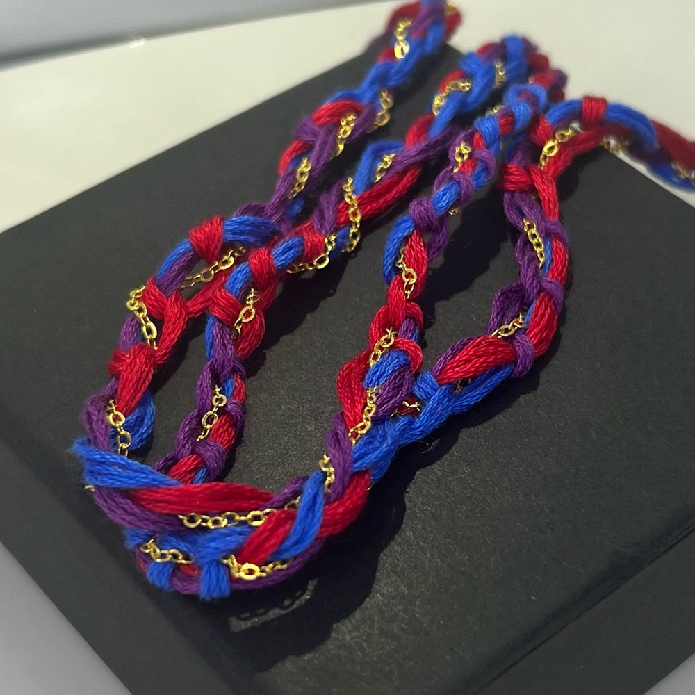 NEW Scarlet Purple Blue & Gold Handwoven Rope Cross Dove Chain - Picture 3 of 4